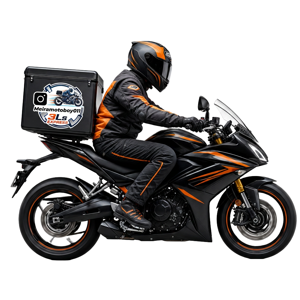Motoboy profissional da 3L's Express em moto esportiva com baú de entrega